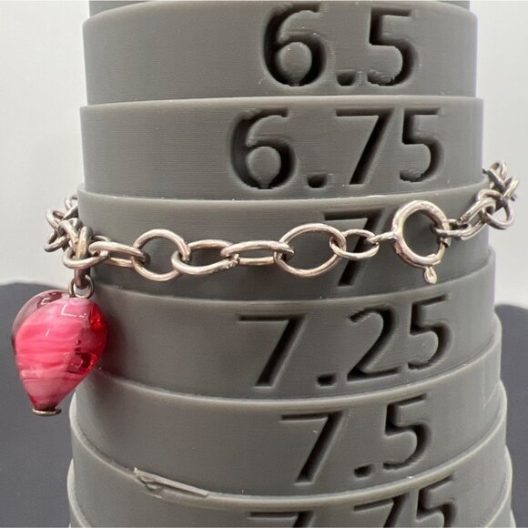 Silver Link Charm Bracelet Red Art Glass Heart Charm 7" Clasp Closure Handmade - Picture 3 of 9